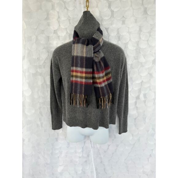 100% Cashmere Plaid Scarf fringed Unisex blue grey plum vintage - Picture 2 of 3